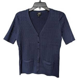 Talbots Navy Blue Cable Knit Short Sleeve Cardigan Sweater Size MP